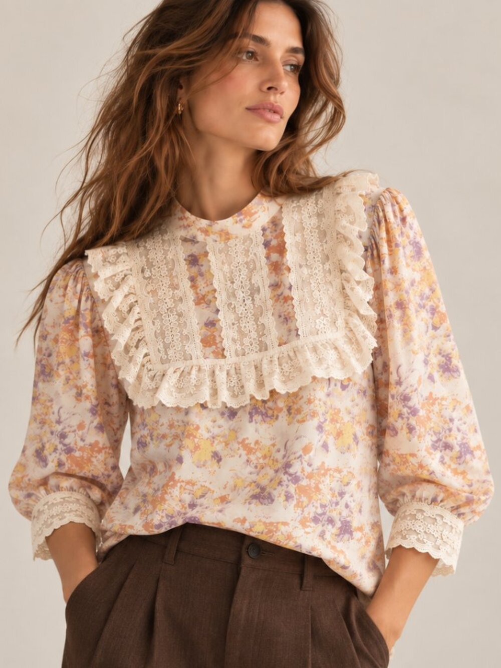 Floral Lace Ruffle Blouse Victorian Edwardian Prairie Cottagecore Top
